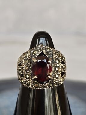 Vintage Dark Red Garnet Surrounded By A Halo Of Marcasite Accents Ring